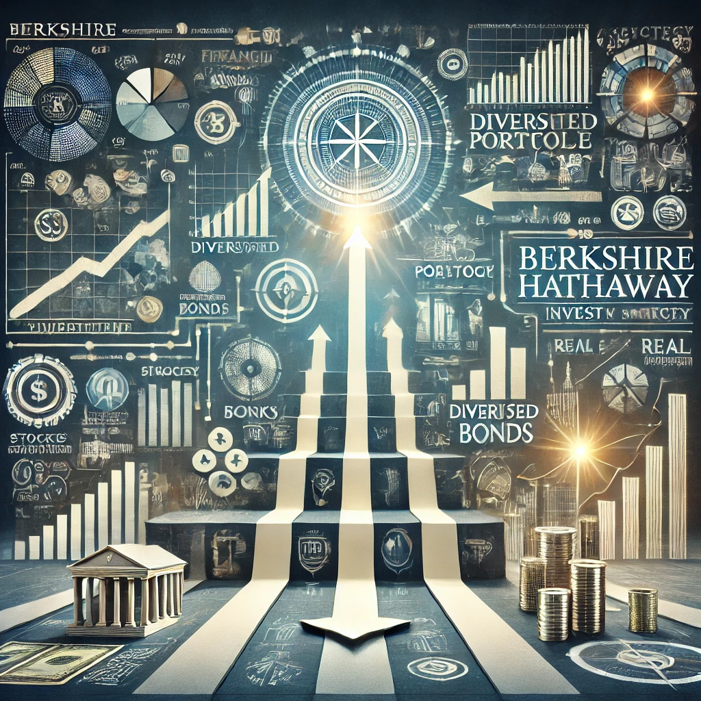 Berkshire Hathaway investment strategy visual with growth symbols, including rising charts and financial icons.