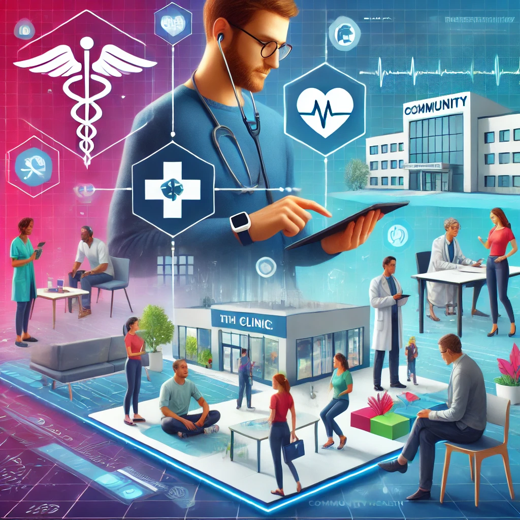 A vibrant and futuristic illustration depicting diverse people using modern healthcare services. A person is engaged in a telemedicine consultation via tablet, while another is wearing a health device to monitor their vitals. In the background, a community health clinic with healthcare professionals and patients is visible in a clean, high-tech setting. The scene features a mix of ethnicities, with bright, contemporary colors and a modern design.