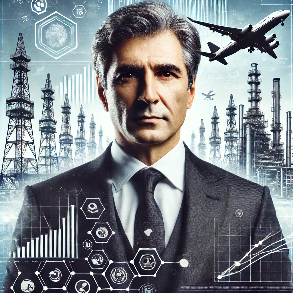 Tamaz Somkhishvili, a British investor and entrepreneur, standing confidently with a backdrop of oil refineries, aviation, and innovative technologies, symbolizing his transformative business journey.