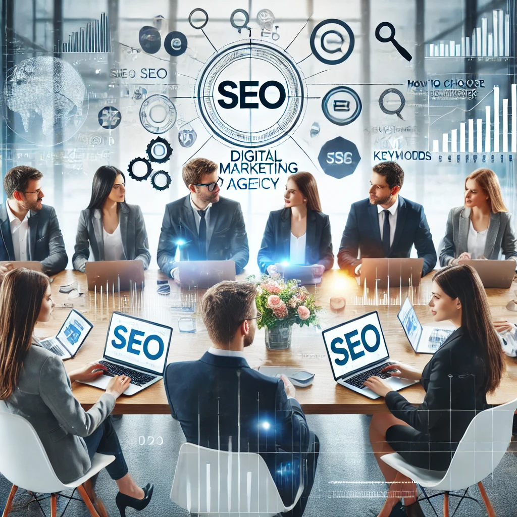 A diverse team of professionals in a modern office discussing digital marketing strategies. Laptops, charts, and SEO-related visuals like graphs and keywords are visible, representing the process of choosing an SEO agency for small businesses.